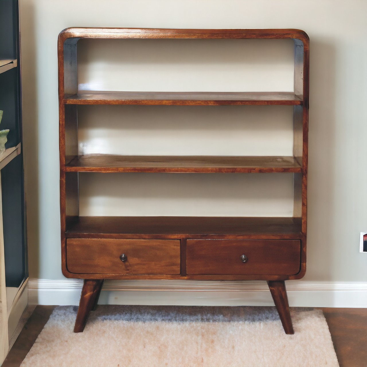 Solid Mango Wood Chestnut Finished 2 Drawer Bookcase