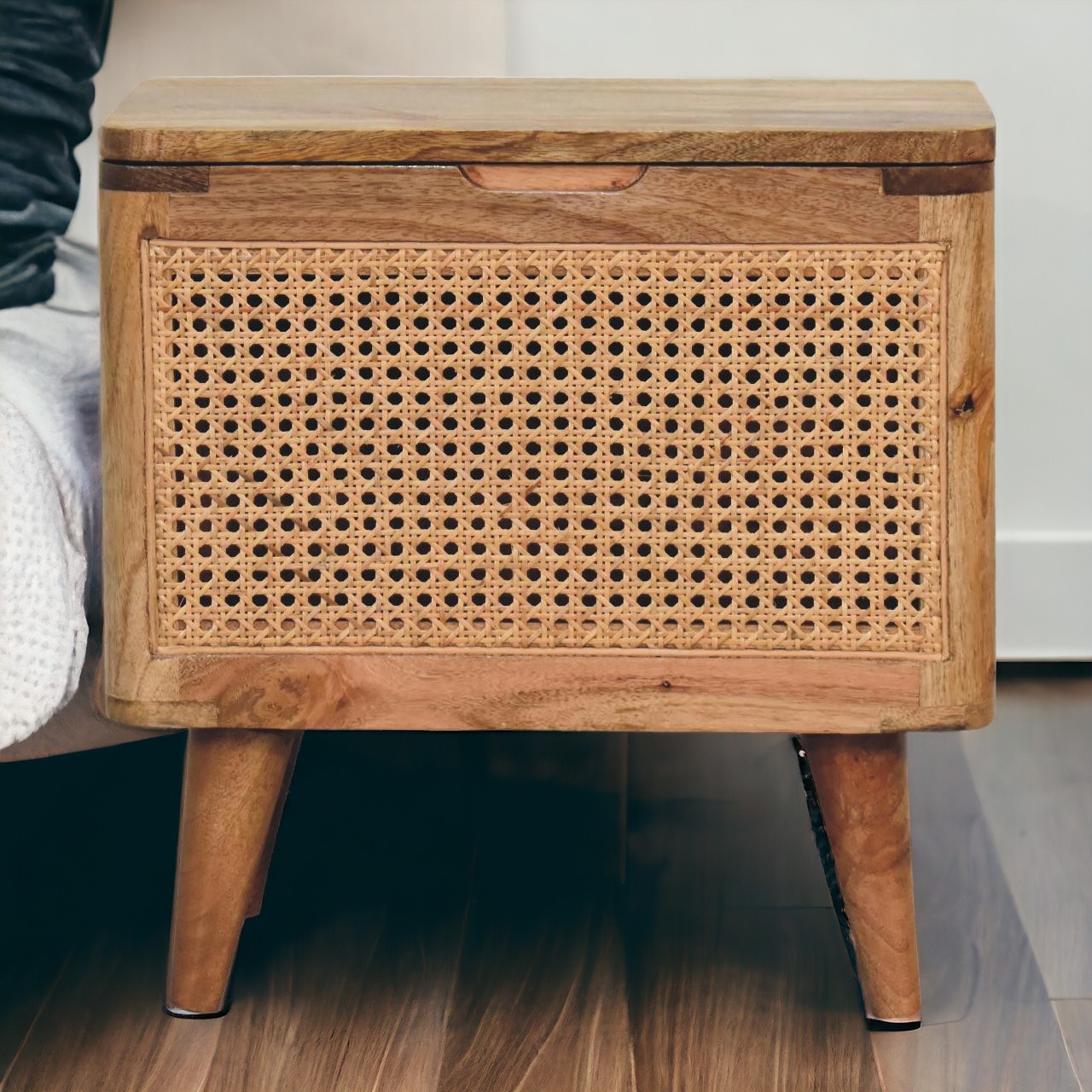 Solid Mango Wood Oak Finished Woven Front Lid Up Stool