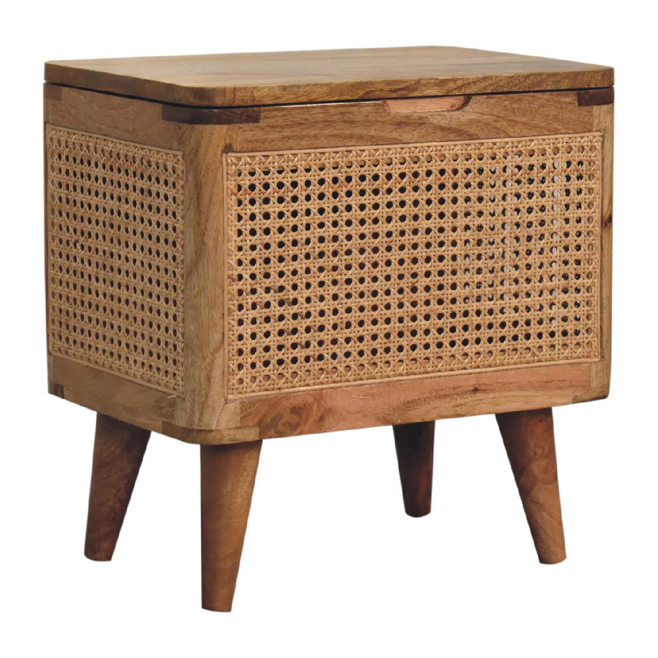Solid Mango Wood Oak Finished Woven Front Lid Up Stool - Image 2