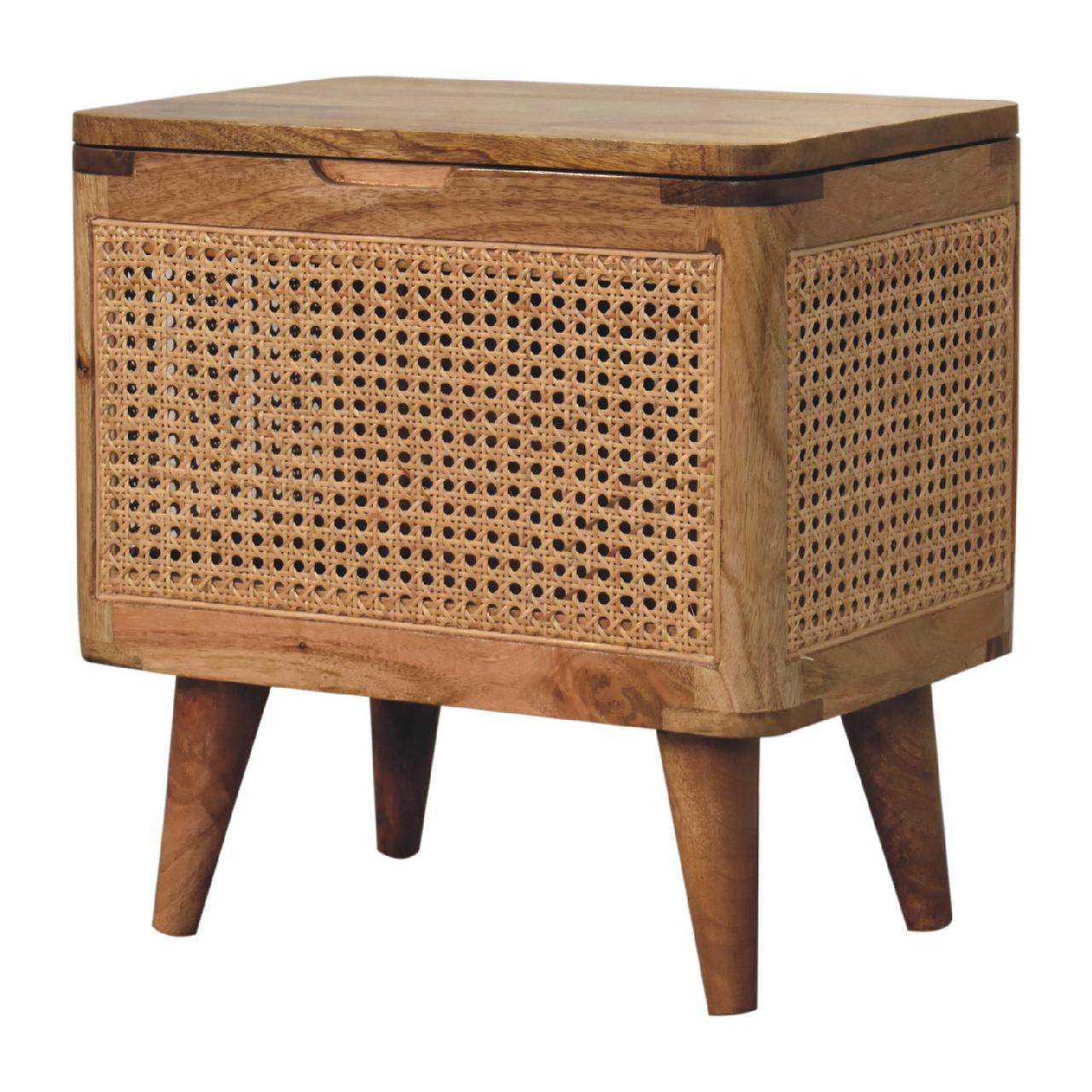 Solid Mango Wood Oak Finished Woven Front Lid Up Stool - Image 3