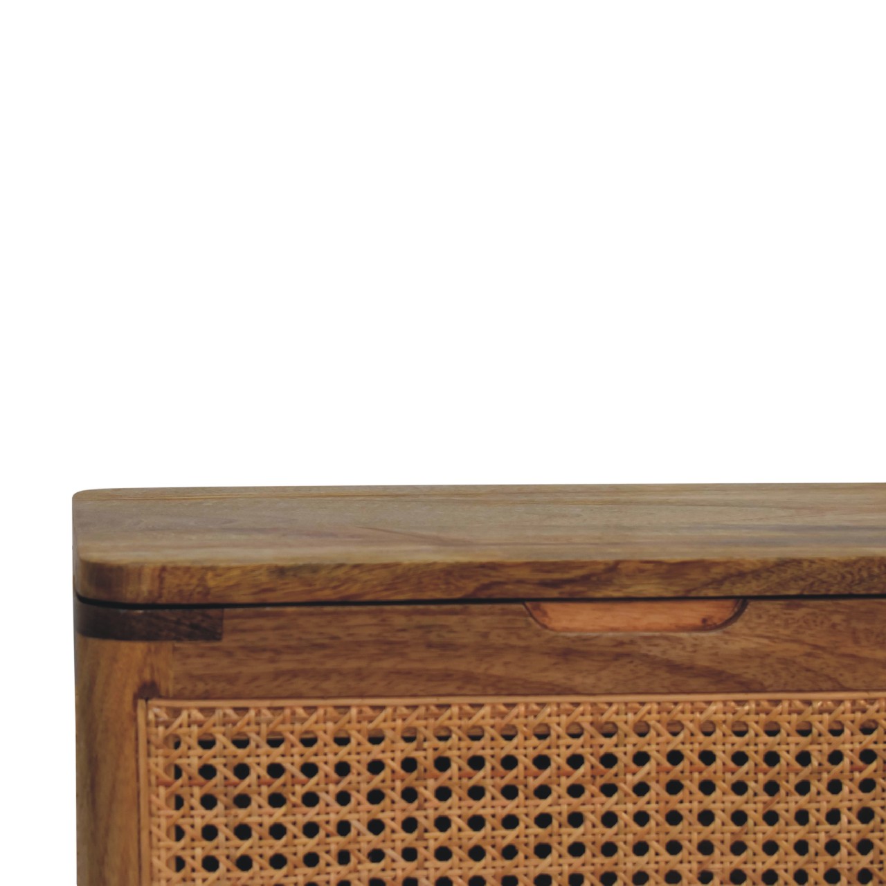 Solid Mango Wood Oak Finished Woven Front Lid Up Stool - Image 4
