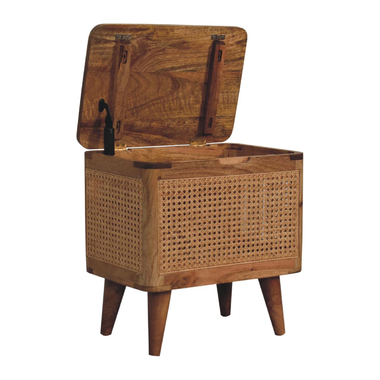 Solid Mango Wood Oak Finished Woven Front Lid Up Stool - Image 6