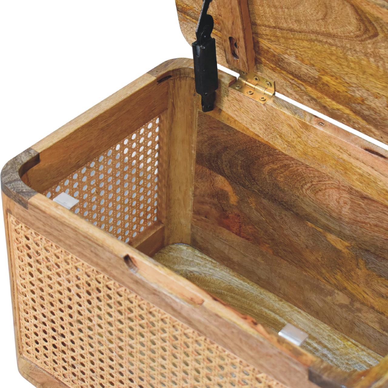 Solid Mango Wood Oak Finished Woven Front Lid Up Stool - Image 7