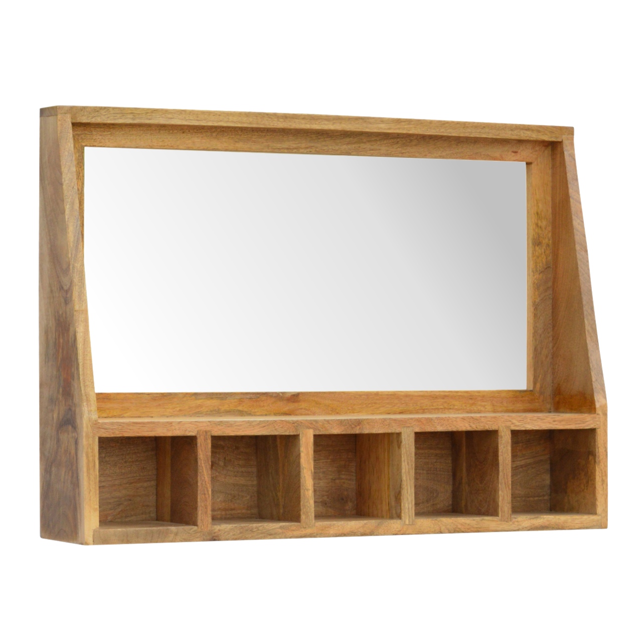 Solid Mango Wood Natural Finished 5 Slot Floating Unit with Mirror - Image 3