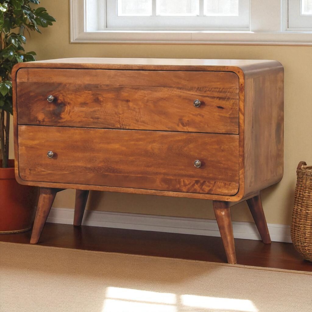 Solid Mango Wood Chestnut Finished Curved 2 Drawer Chest