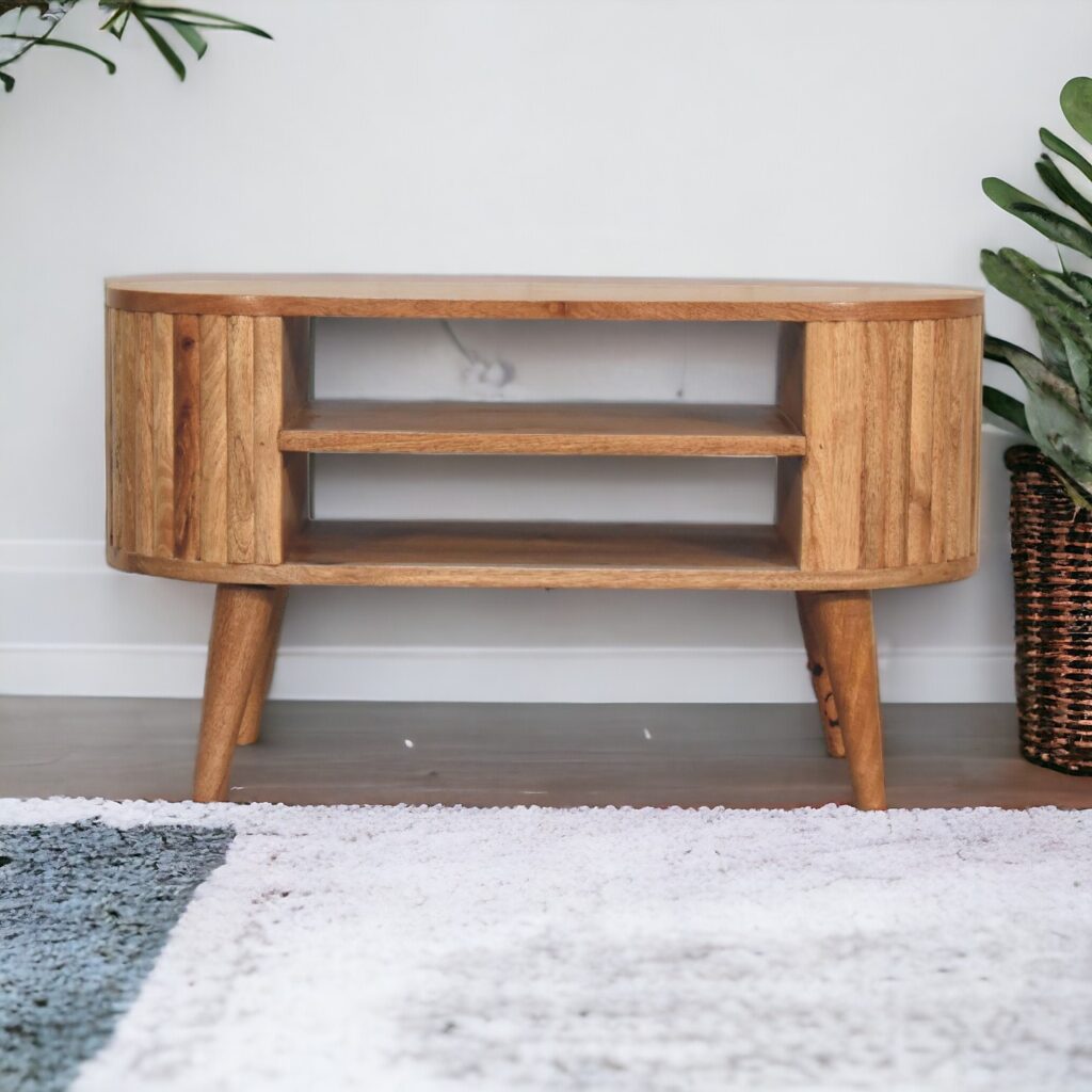 Solid Mango Wood Oak Finished 2 Shelf Stripe Rounded Media Unit