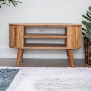 Solid Mango Wood Oak Finished 2 Shelf Stripe Rounded Media Unit