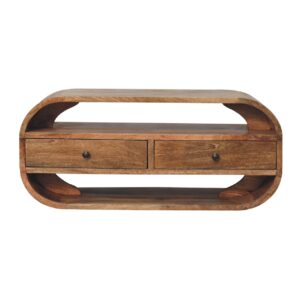 Solid Mango Wood Oak Finished 2 Drawer Curved Edge Media Unit