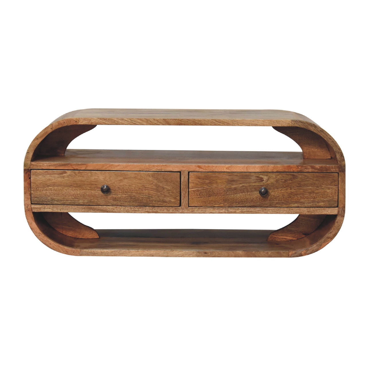 Solid Mango Wood Oak Finished 2 Drawer Curved Edge Media Unit