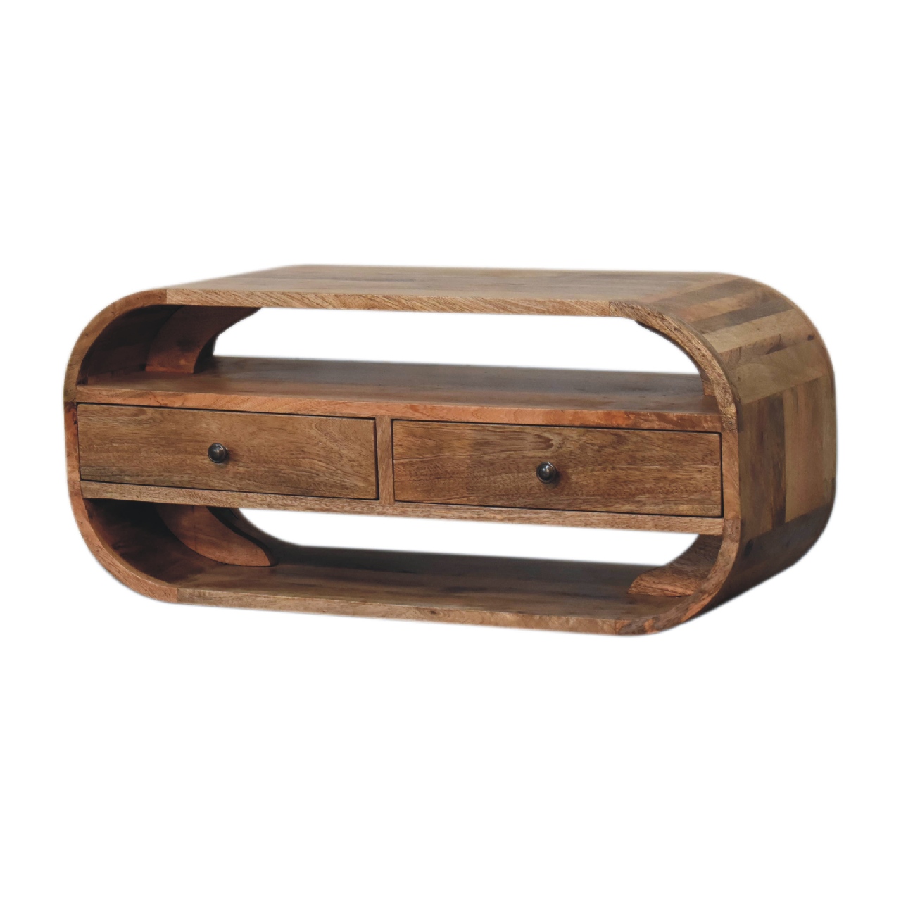 Solid Mango Wood Oak Finished 2 Drawer Curved Edge Media Unit - Image 2
