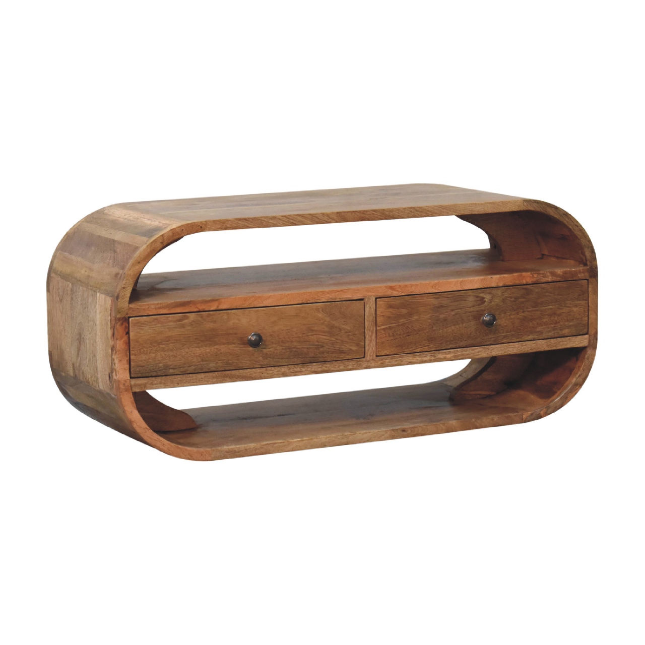 Solid Mango Wood Oak Finished 2 Drawer Curved Edge Media Unit - Image 3