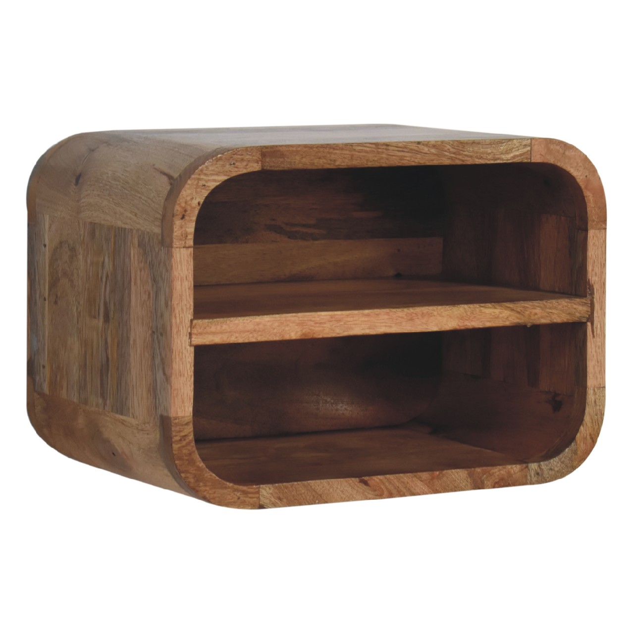 Solid Mango Wood Oak Finished Floating Open Curve Bedside - Image 2