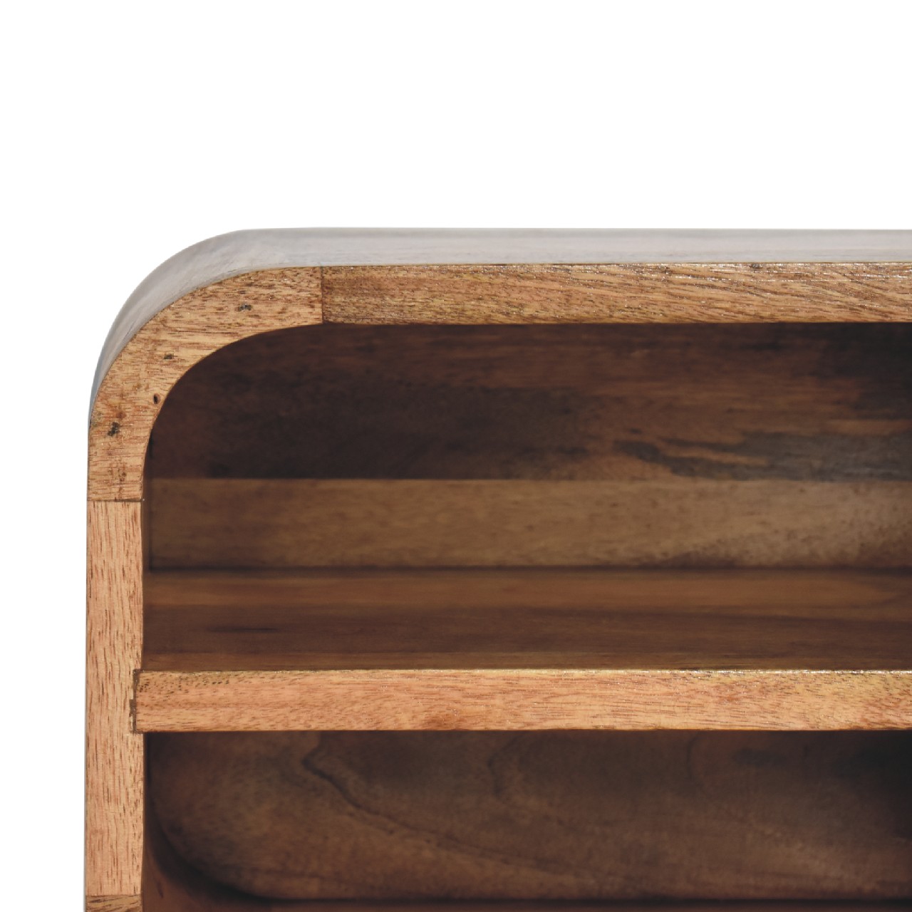 Solid Mango Wood Oak Finished Floating Open Curve Bedside - Image 4