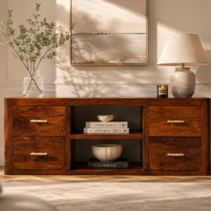 Solid Mango Wood Chestnut Finished 4 Drawer 2 Slots Luca Media Unit