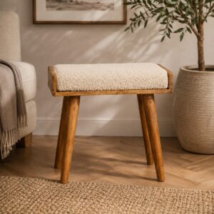 Solid Mango Wood Naturally Finished Boucle Cream Tray Style Footstool
