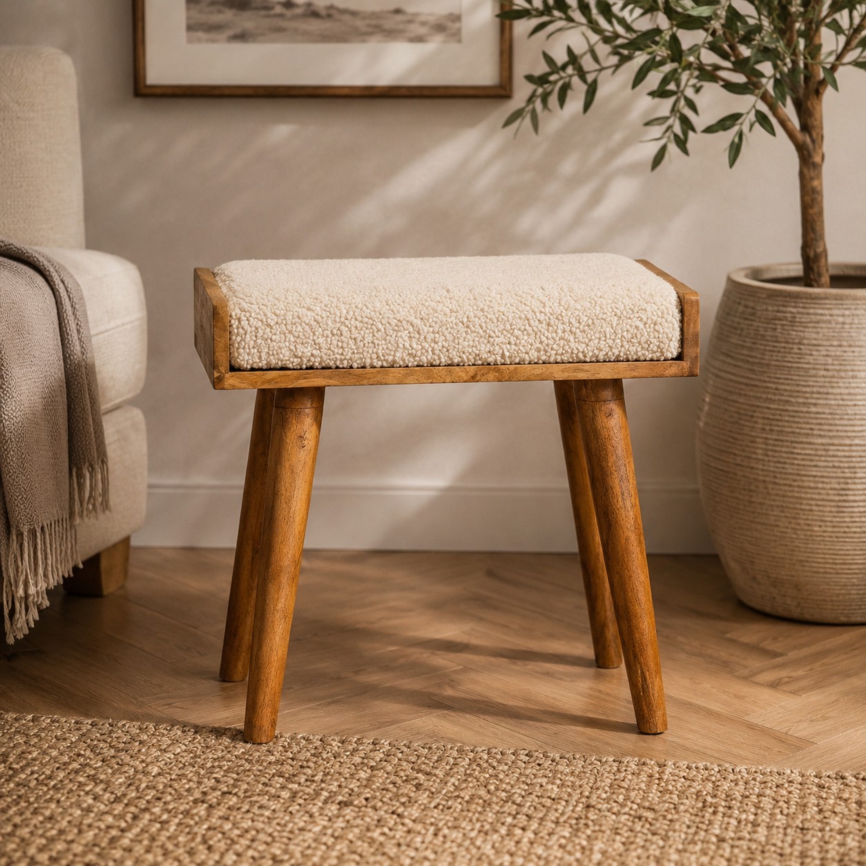 Solid Mango Wood Naturally Finished Boucle Cream Tray Style Footstool