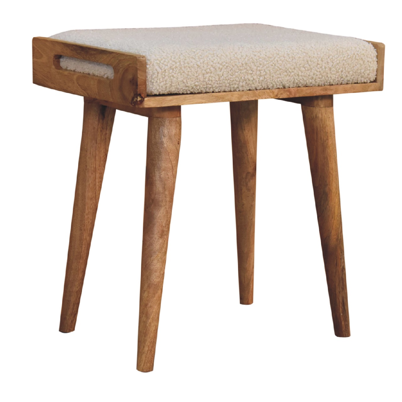 Solid Mango Wood Naturally Finished Boucle Cream Tray Style Footstool - Image 2