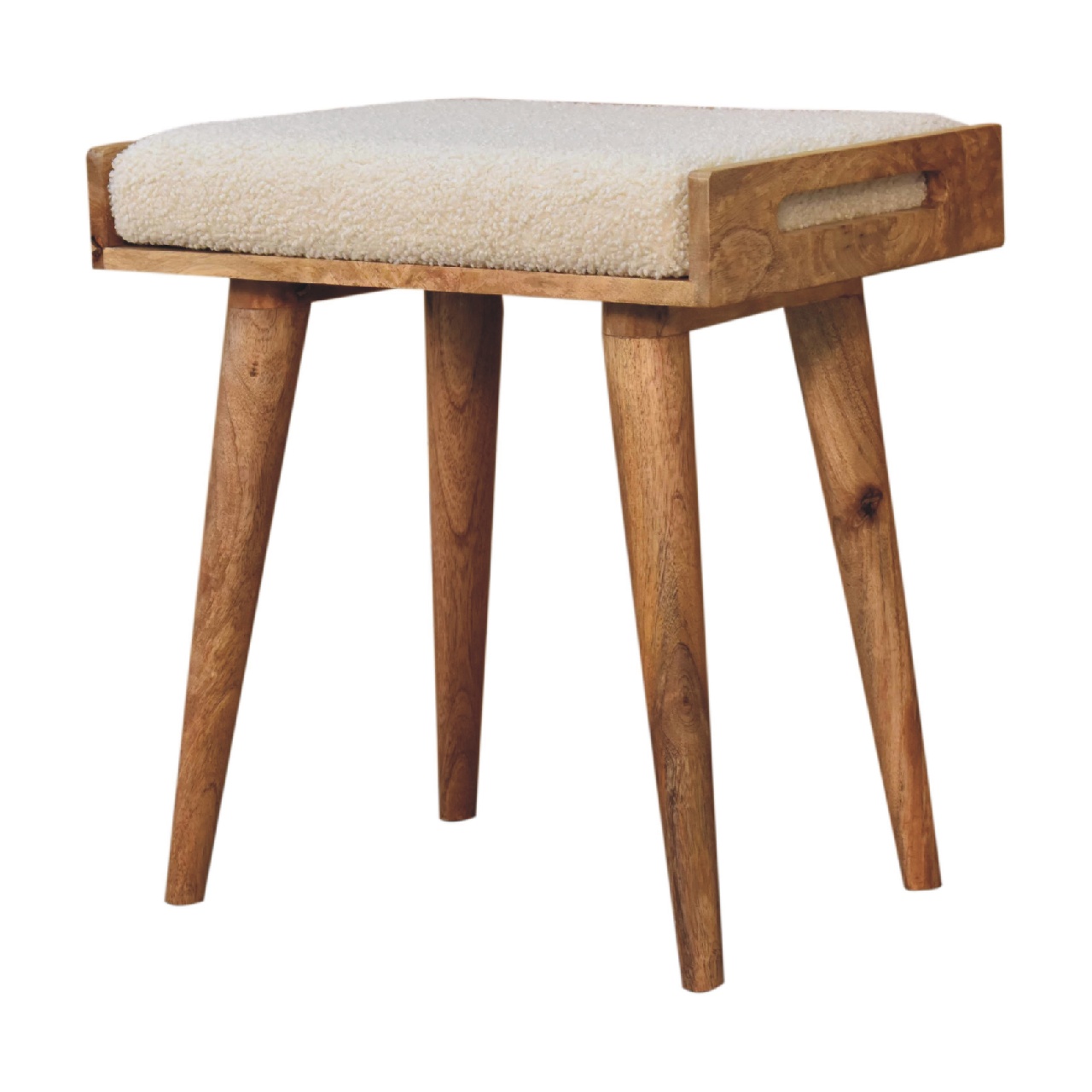 Solid Mango Wood Naturally Finished Boucle Cream Tray Style Footstool - Image 3