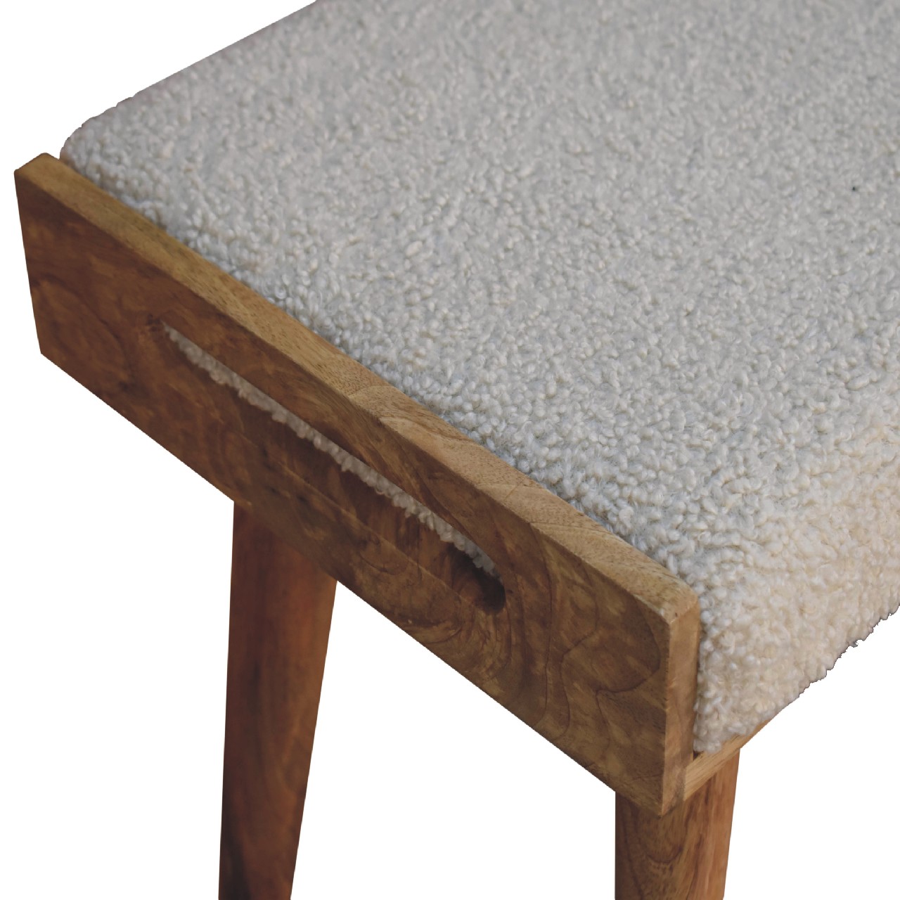 Solid Mango Wood Naturally Finished Boucle Cream Tray Style Footstool - Image 5