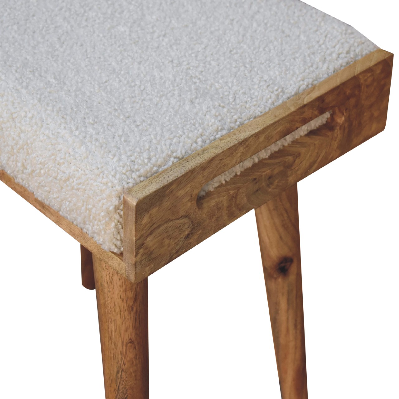 Solid Mango Wood Naturally Finished Boucle Cream Tray Style Footstool - Image 7