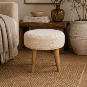 Solid Mango Wood Natural Finished Scandinavian Style Petite Cream Boucle Stool