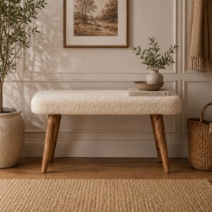 Solid Mango Wood Natural Finished Cream Boucle Bench