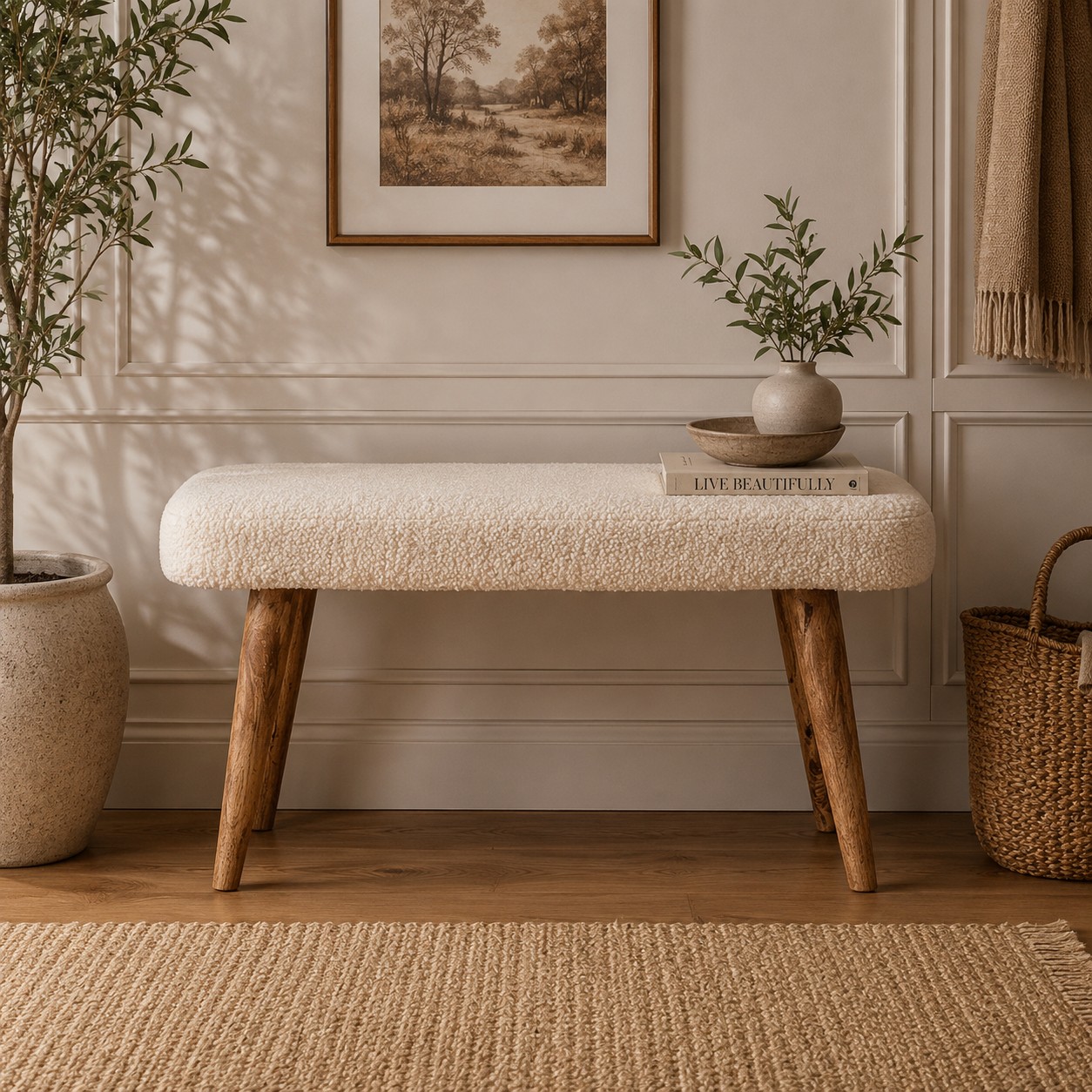 Solid Mango Wood Natural Finished Cream Boucle Bench
