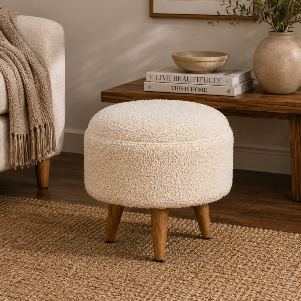 Solid Mango Wood Naturally Finished Cream Boucle Rounded Footstool