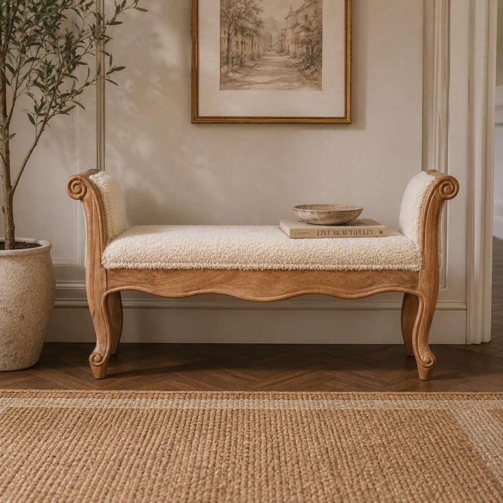 Solid Mango Wood Oak Finished Cream Boucle French Style Bench