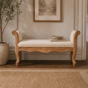 Solid Mango Wood Oak Finished Cream Boucle French Style Bench