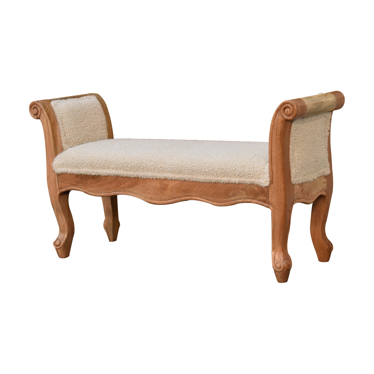 Solid Mango Wood Oak Finished Cream Boucle French Style Bench - Image 2