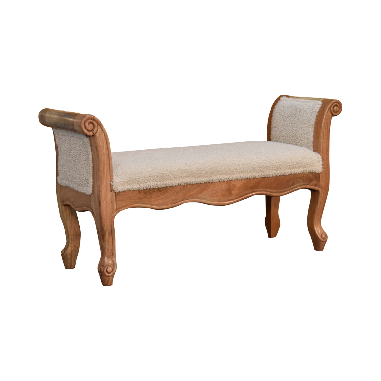 Solid Mango Wood Oak Finished Cream Boucle French Style Bench - Image 3