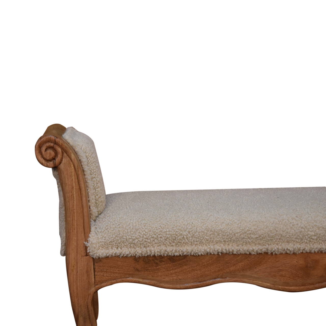 Solid Mango Wood Oak Finished Cream Boucle French Style Bench - Image 4