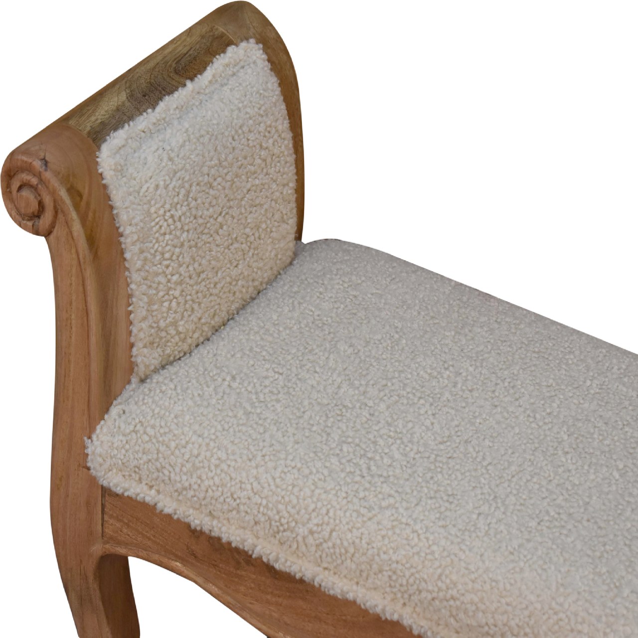 Solid Mango Wood Oak Finished Cream Boucle French Style Bench - Image 5