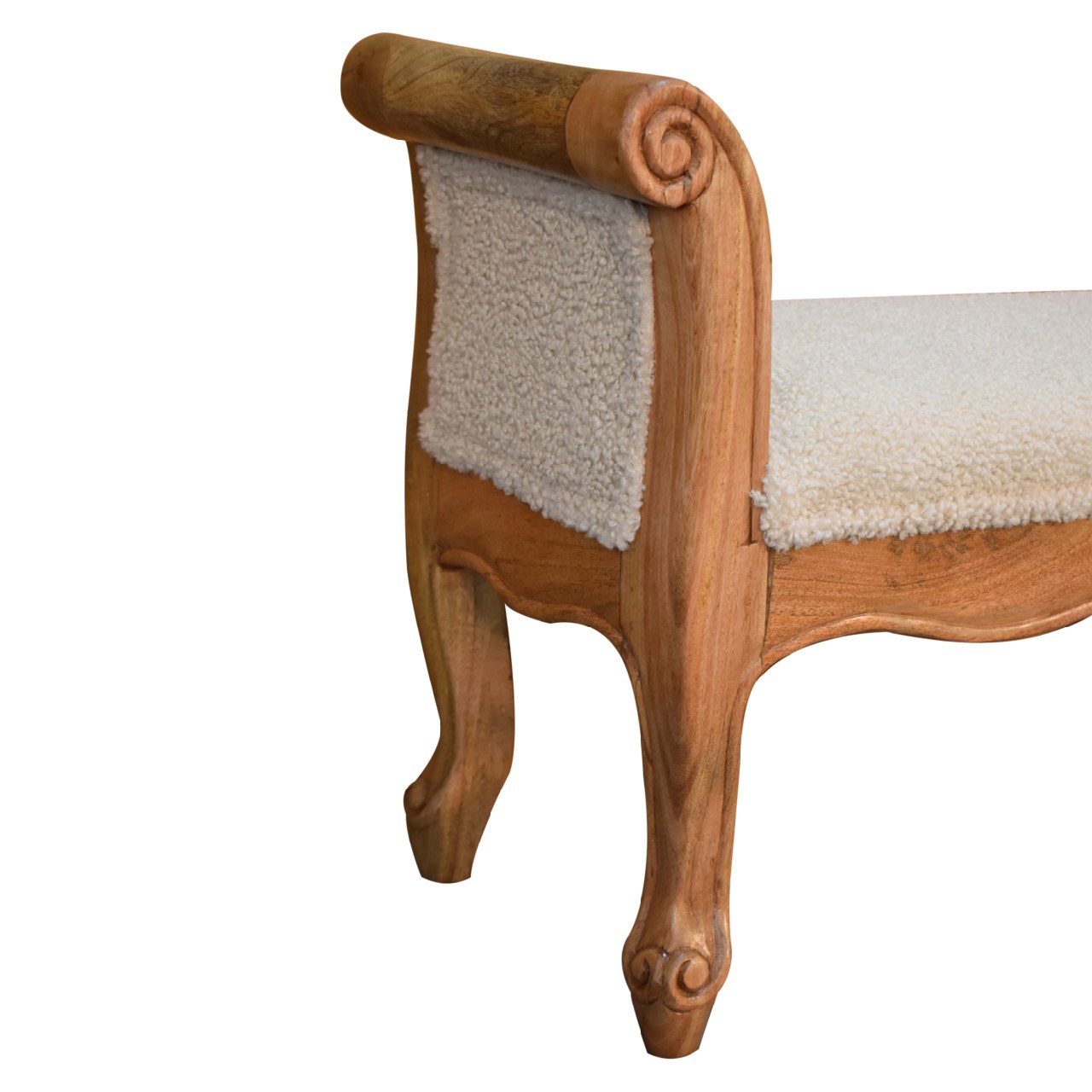 Solid Mango Wood Oak Finished Cream Boucle French Style Bench - Image 6