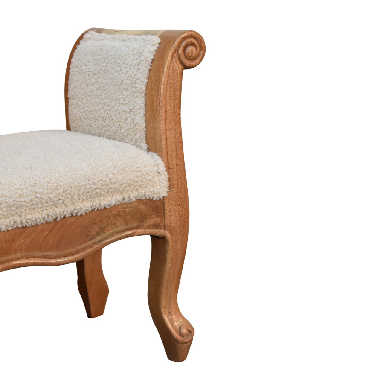 Solid Mango Wood Oak Finished Cream Boucle French Style Bench - Image 7