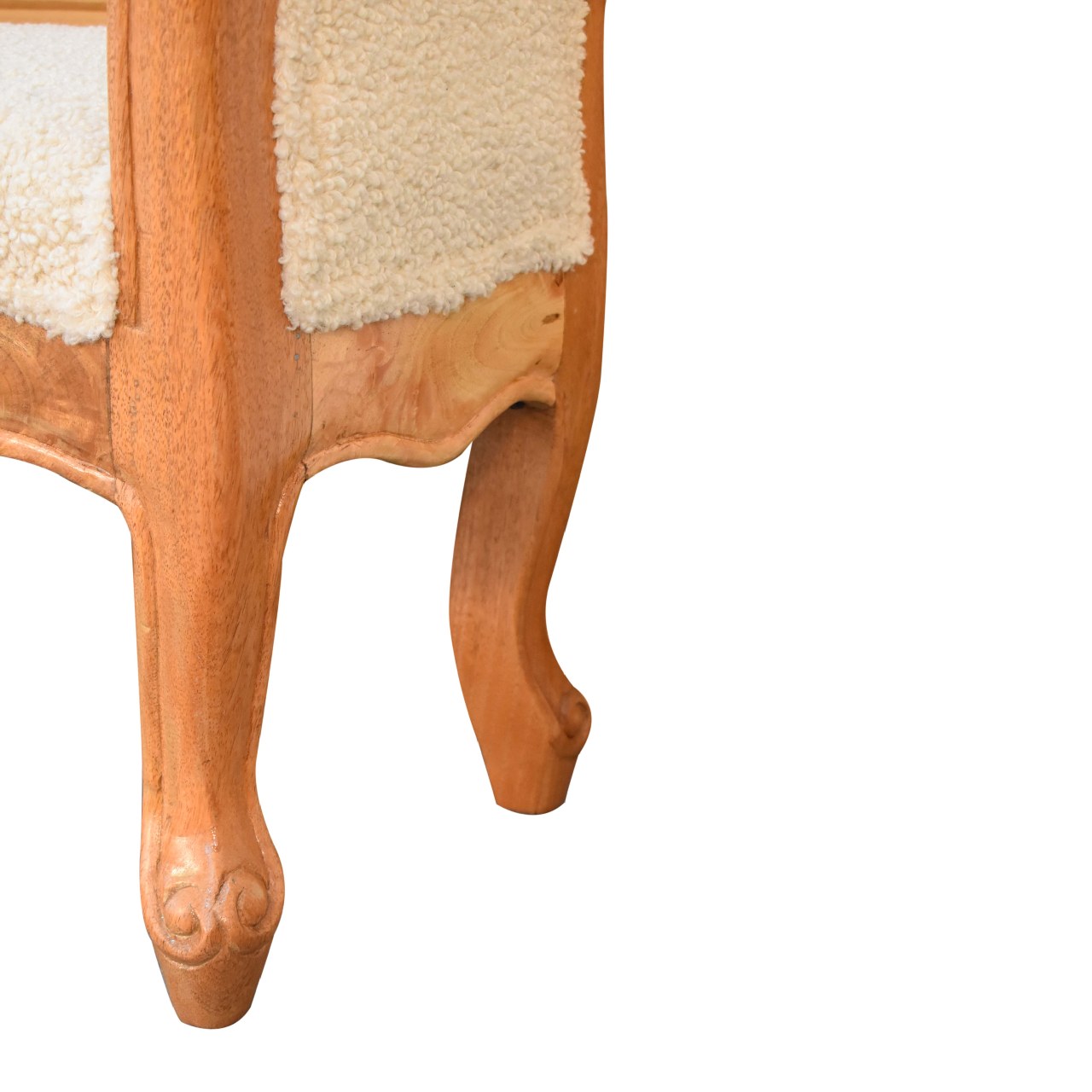 Solid Mango Wood Oak Finished Cream Boucle French Style Bench - Image 8