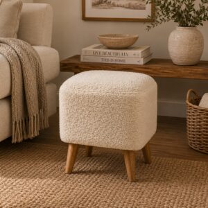Solid Mango Wood Natural Finish with Cream Boucle Square/Oval Bench