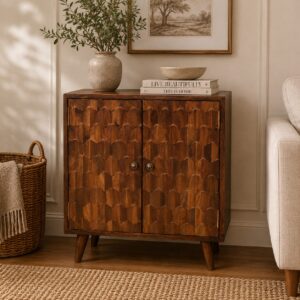 Solid Mango Wood Chestnut Finished Pineapple Patterned 2 Door Cabinet