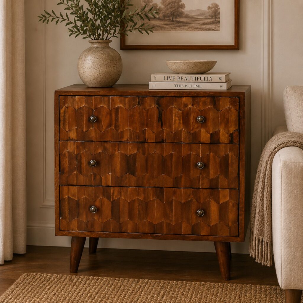 Solid Mango Wood Chesnut Finished Pineapple Patterned 3 Drawer Mini Chest