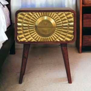 Solid Mango Wood Chestnut Finished & Gold Coloured Brass Inlay 2 Drawer Eden Bedside