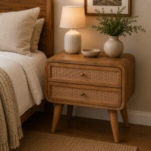Solid Mango Wood Oak & Rattan Finished 2 Doors Larrisa Bedside