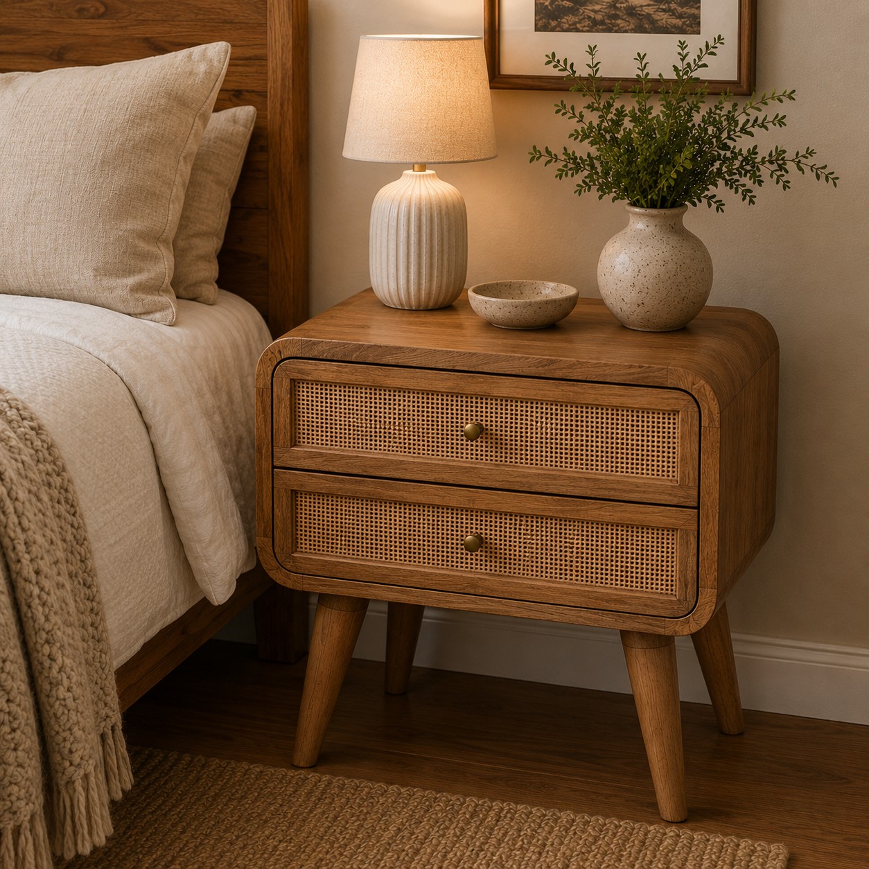 Solid Mango Wood Oak & Rattan Finished 2 Doors Larrisa Bedside