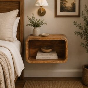 Solid Mango Wood Oak Finished Open Curved Wall Mounted Bedside