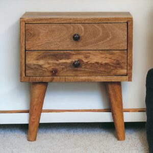 Solid Mango Wood Oak Finished 2 Drawer Mini Modern Bedside