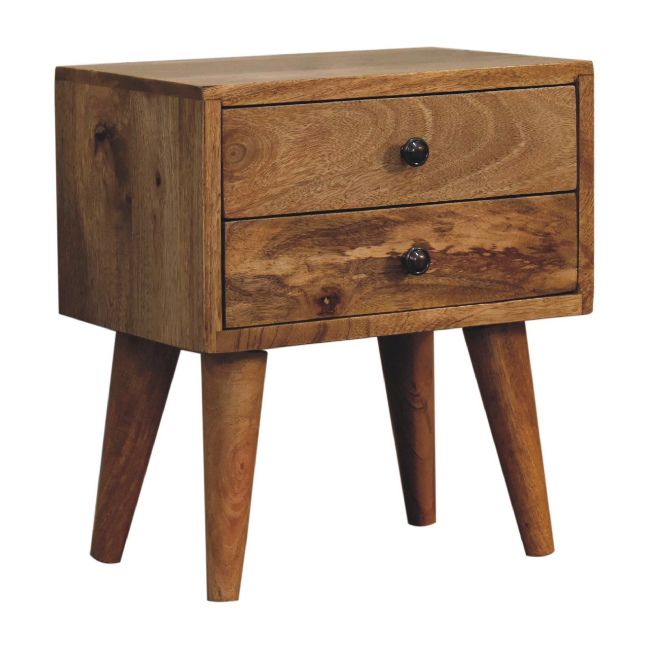 Solid Mango Wood Oak Finished 2 Drawer Mini Modern Bedside - Image 2