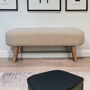 Solid Mango Wood Oak Finished Boucle Upholstered Bench