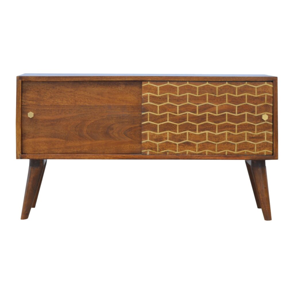 Solid Mango Wood Chestnut Finished 2 Door Gold Art Pattern Sideboard