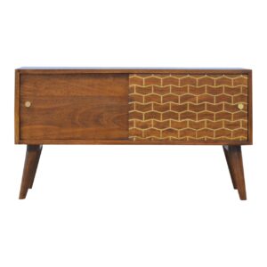 Solid Mango Wood Chestnut Finished 2 Door Gold Art Pattern Sideboard