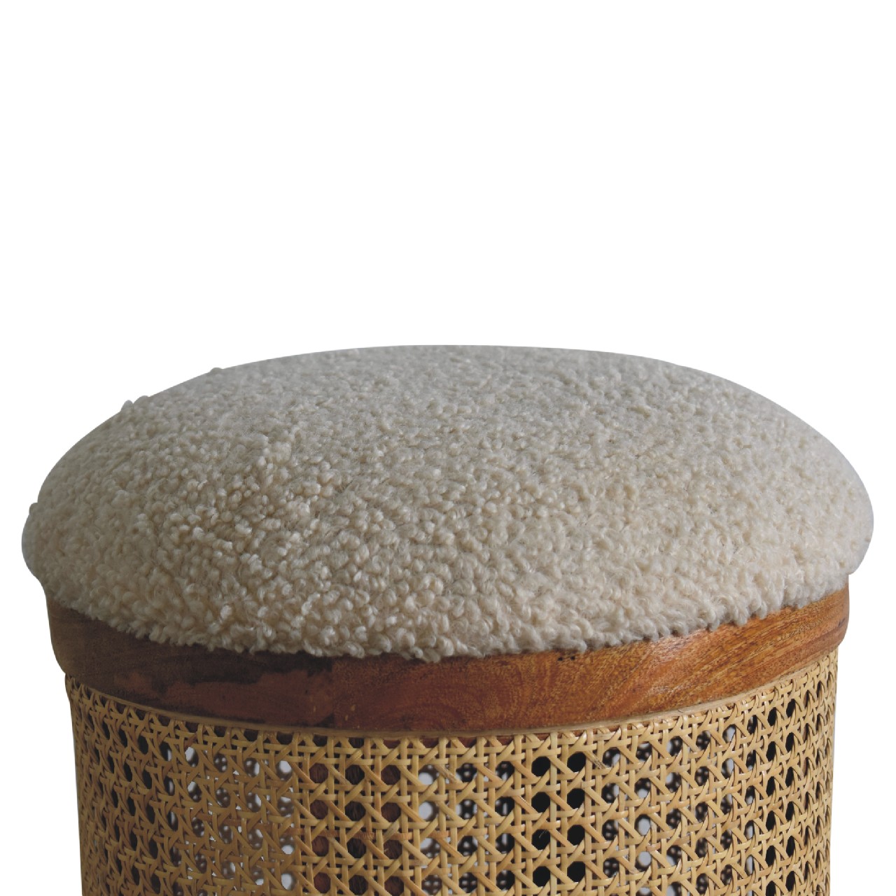 Solid Mango Wood Natural Finished Rattan Larissa Footstool with Boucle Seat - Image 3